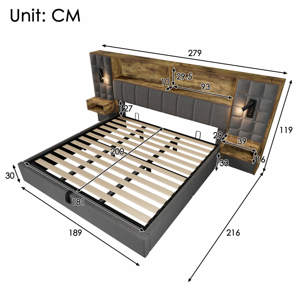 Letto matrimoniale 180x200 cm con contenitore; LED; USB e Type-C; comodini integrati; lino grigio