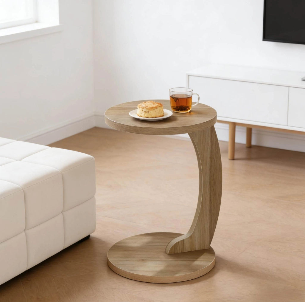 Tavolino laterale a C rotondo in MDF rovere chiaro, 38 x 55 cm