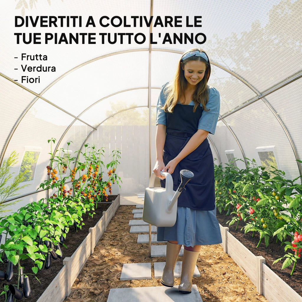 Serra a Tunnel 396x300x200 cm con 2 Aste Rimovibili Porte e Finestre a Rete in Acciaio Zincato e PE Bianco