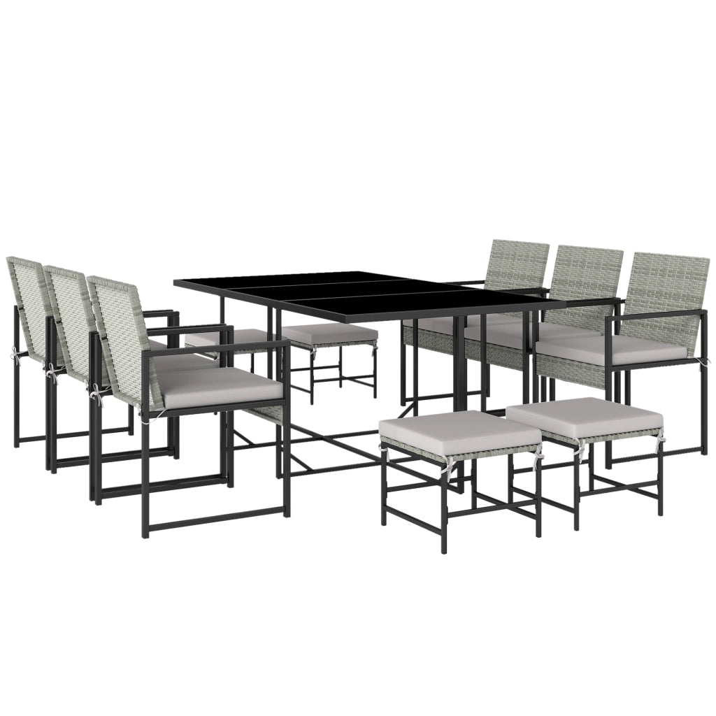 Set 11 Pezzi da Pranzo da Esterno con Tavolo 6 Poltrone e 4 Pouf in Rattan PE Vetro e Acciaio Grigio