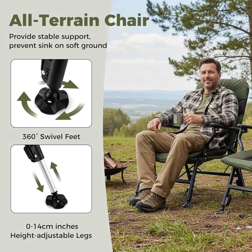 Sedia da pesca pieghevole, sedia a sdraio imbottita con schienale regolabile fino a 180° e gambe sollevabili, carico fino a 150 kg, sedia portatile per campeggio, giardino