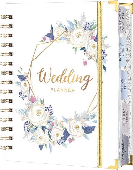 Pianificatore di Matrimonio A5 - 5 sezioni con inserti - Copertina rigida - 5 tasche interne - Pagine per appunti - Copertina elegante in viola e bianca con angoli metallici