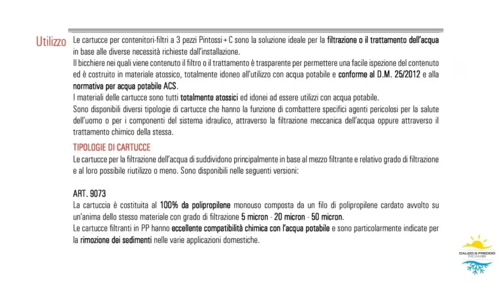 Cartuccia filtrante in Polipropilene filo Avvolto 10" - 20 Micron - durate 12mesi