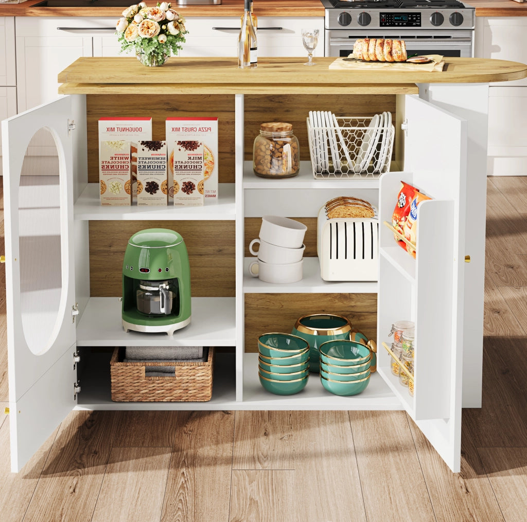 Isola cucina 138x39x105 cm girevole 360° con ampio spazio in MDF e metallo bianco