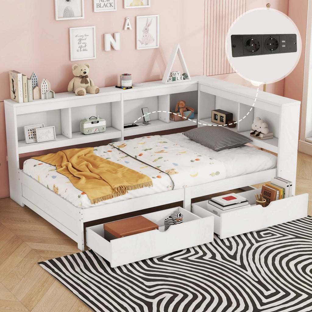 LETTO 90x200 cm con 2 cassetti, prese e 2 porte USB, Bianco
