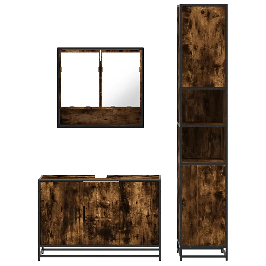Set Mobili da Bagno 3 pz Rovere Fumo in Legno Multistrato