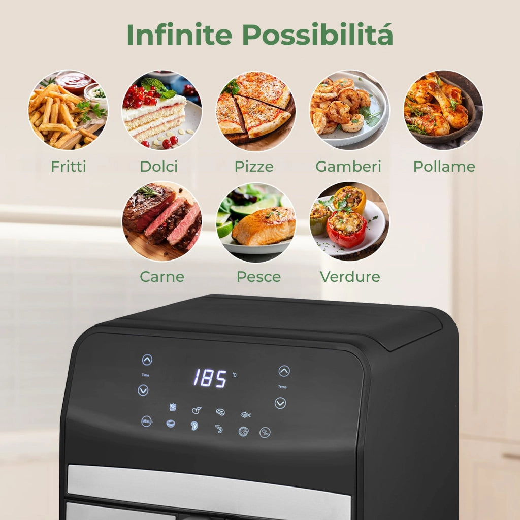 Friggitrice ad Aria 6,5L Digitale XL con Display LED Touch, 8 Programmi Automatici, Temperatura Regolabile fino a 200°C, Cestello Antiaderente, 1800W, Nero/Inox 6.5 Litri - Nero