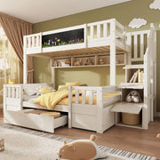 Letto a Castello per 3 Bambini con Cassetti e Scaletta ¨C MINIMAL ¨C Massello Bianco 90x200 / 140x200