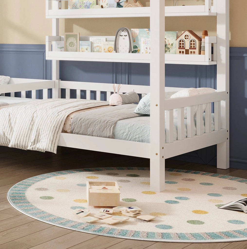 Letto a casetta a L in legno massello con cassetti e mensole bianco