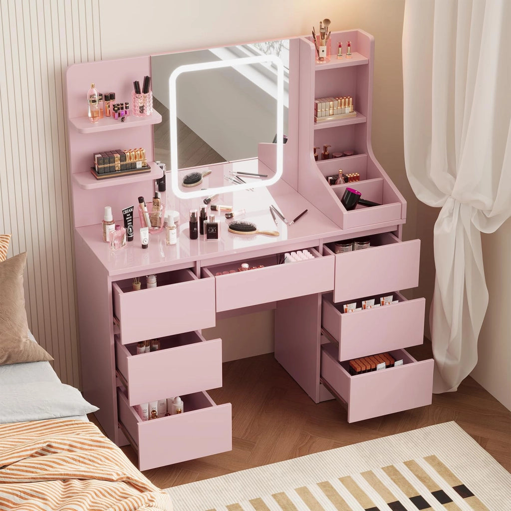 Toeletta da Trucco con 7 Cassetti, Postazione Trucco con Specchio a LED, Luminosità Regolabile,Tavolo da Toeletta con 4 Ripiani Aperti,per la Camera da Letto (Rosa)