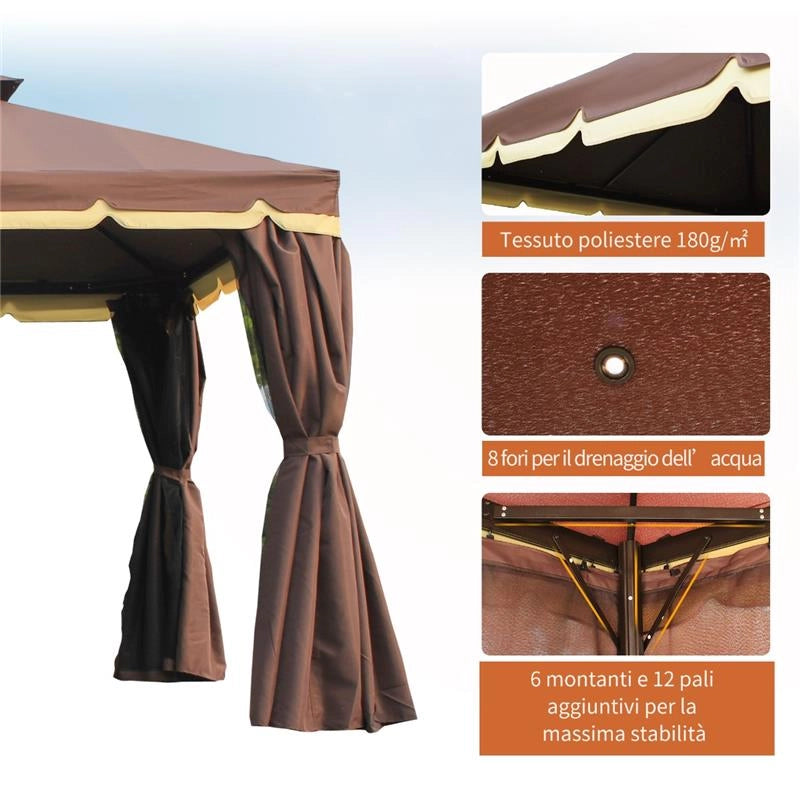 GAZEBO CON DOPPIO TETTO E ZANZARIERA IN POLIESTERE 2.9 X 3.9 M CAFFÈ