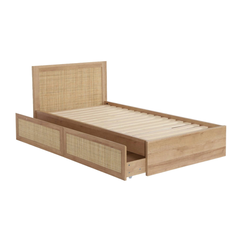 Letto bohemien con rete a doghe e testiera 90cm + 2 cassetti, marrone