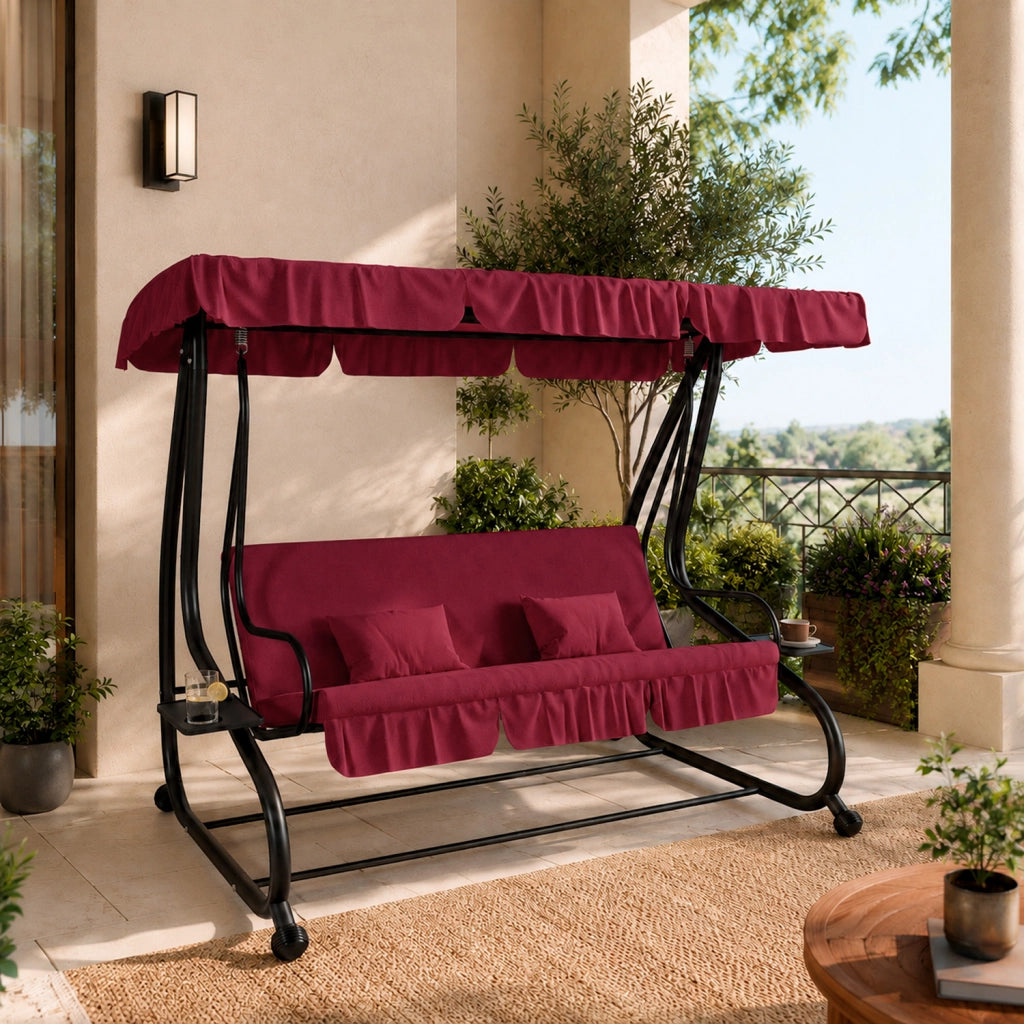 Dondolo 3 Posti Reclinabile Madeira Tettuccio Parasole Regolabile Cuscini Imbottiti Diventa Letto Struttura Robusta In Acciaio Verniciato Giardino Esterno Balcone Terrazzo 200 x 120 x 160 cm Bordeaux