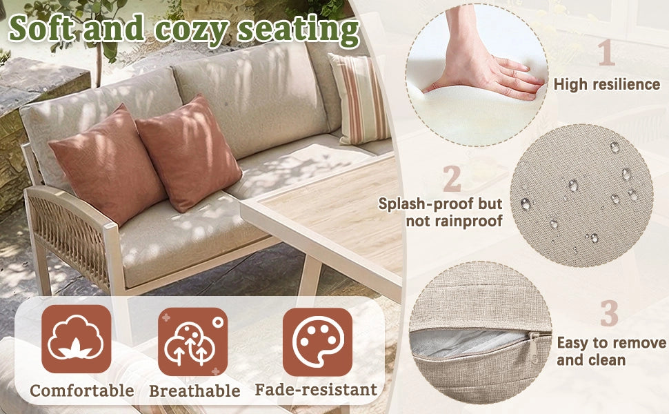 Sofa da giardino intrecciato a mano per 7 persone - Zephmum - Telaio in ferro robusto, imbottitura beige, completo con tavolo e 2 sedie