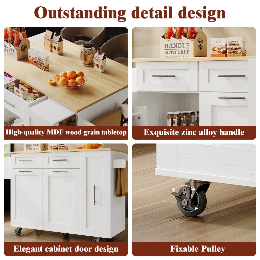 OKWISH Isola da Cucina con Piano Pieghevole e Ruote con Freno Armadietti Contenitore per Cucina in MDF Metallo Bianco