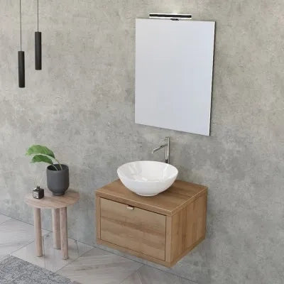 Mobile bagno sospeso 60 cm rovere miele con lavabo a bacinella e specchio Master