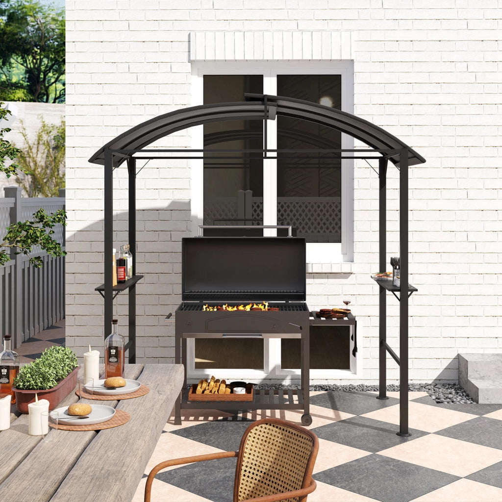 Pergolato Da Barbecue Con Doppio Tetto E Ripiani – 233 X 110 X 235 Cm – Acciaio – Grigio Scuro – Ventilazione Per Griglia