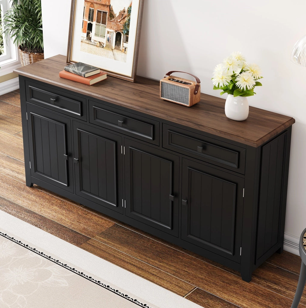 Sideboard nero in MDF 160x35x76 cm con 3 cassetti e 4 ante, design moderno e minimalista