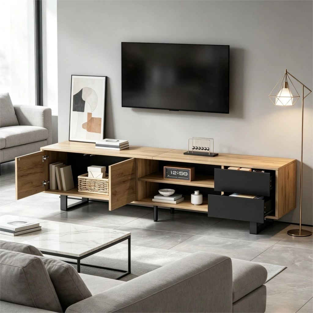 Mobile porta TV con 2 ante 2 cassetti e vani aperti per soggiorno in truciolare e metallo nero 180 × 40 × 50 cm