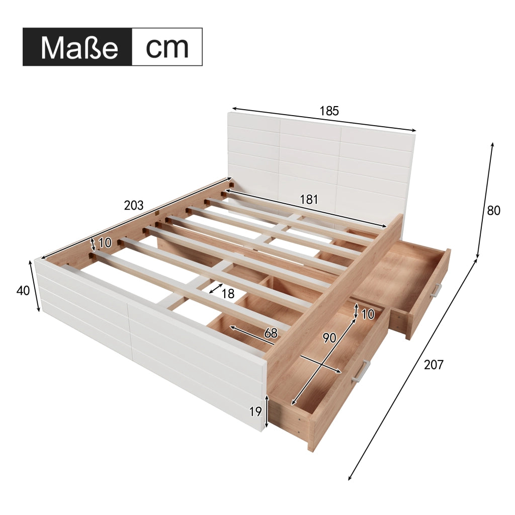 OKWISH Letto con Cassetti 180×200 cm, Letto Matrimoniale con 2 Cassetti, Ampio Spazio sotto Letto e Testiera, senza Materasso, Bianco Rovere