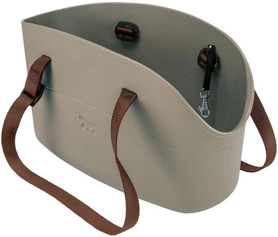 Borsa Porta Cane per Piccoli Cani e Gatti - Cintura Regolabile e Cinturone di Sicurezza - 14 x 35 x 22 cm (A x L x P) Taupe