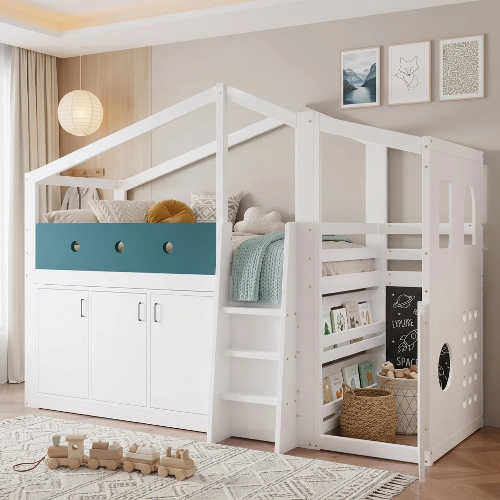 Letto a soppalco per bambini 90 × 200 cm con armadio contenitore, area gioco e scala, senza materasso, bianco