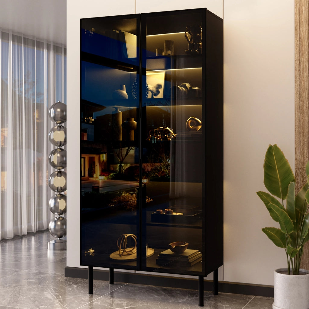 Vetrina con 2 ante in vetro, LED controllato da app, 2 cassetti e ripiani, per soggiorno, nero, 70 × 36 × 170 cm