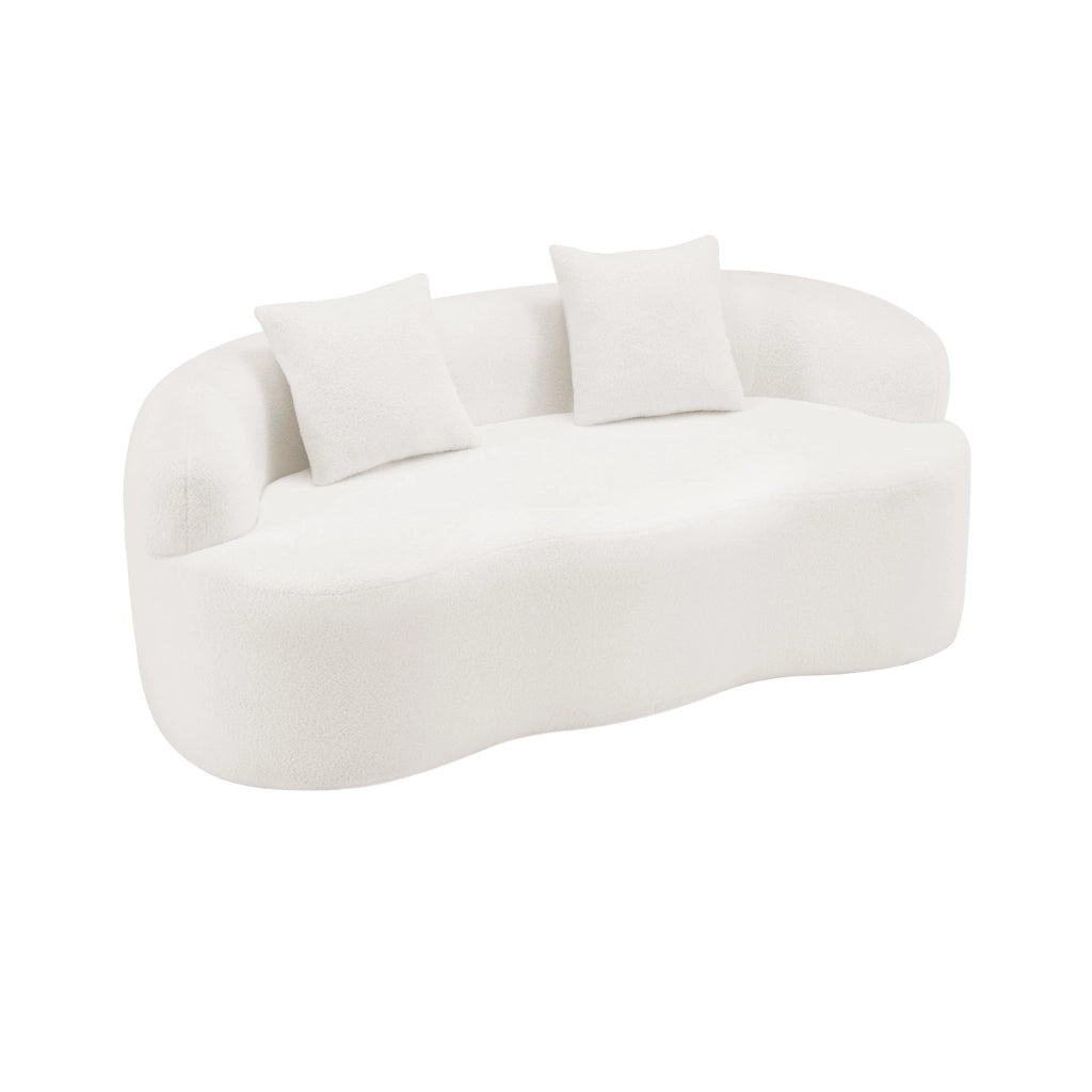 Divano loveseat 2 posti bianco crema, forma curva a fagiolo, con cuscini coordinati, pronto all’uso