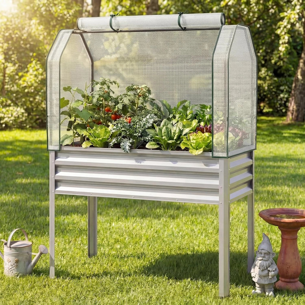Orto Rialzato da Esterno con Serra, Fioriera Rialzata con Copertura in PE, Porta Avvolgibile con Cerniera e Guanti, Aiuola Rialzata per Verdure, Fiori e Frutta, 112 x 55 x 152 cm (Argento)