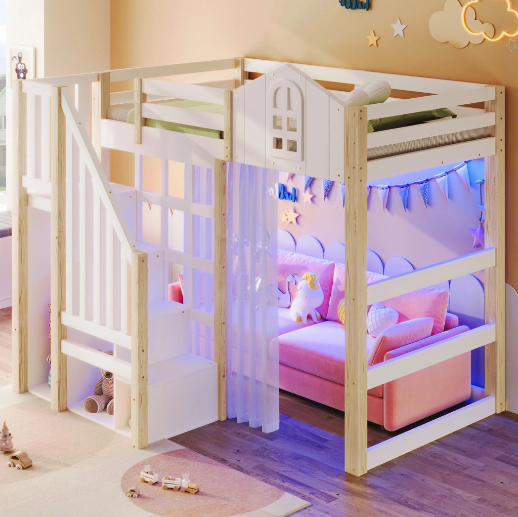 Letto a soppalco 90x200 cm con LED, scala contenitore e tenda