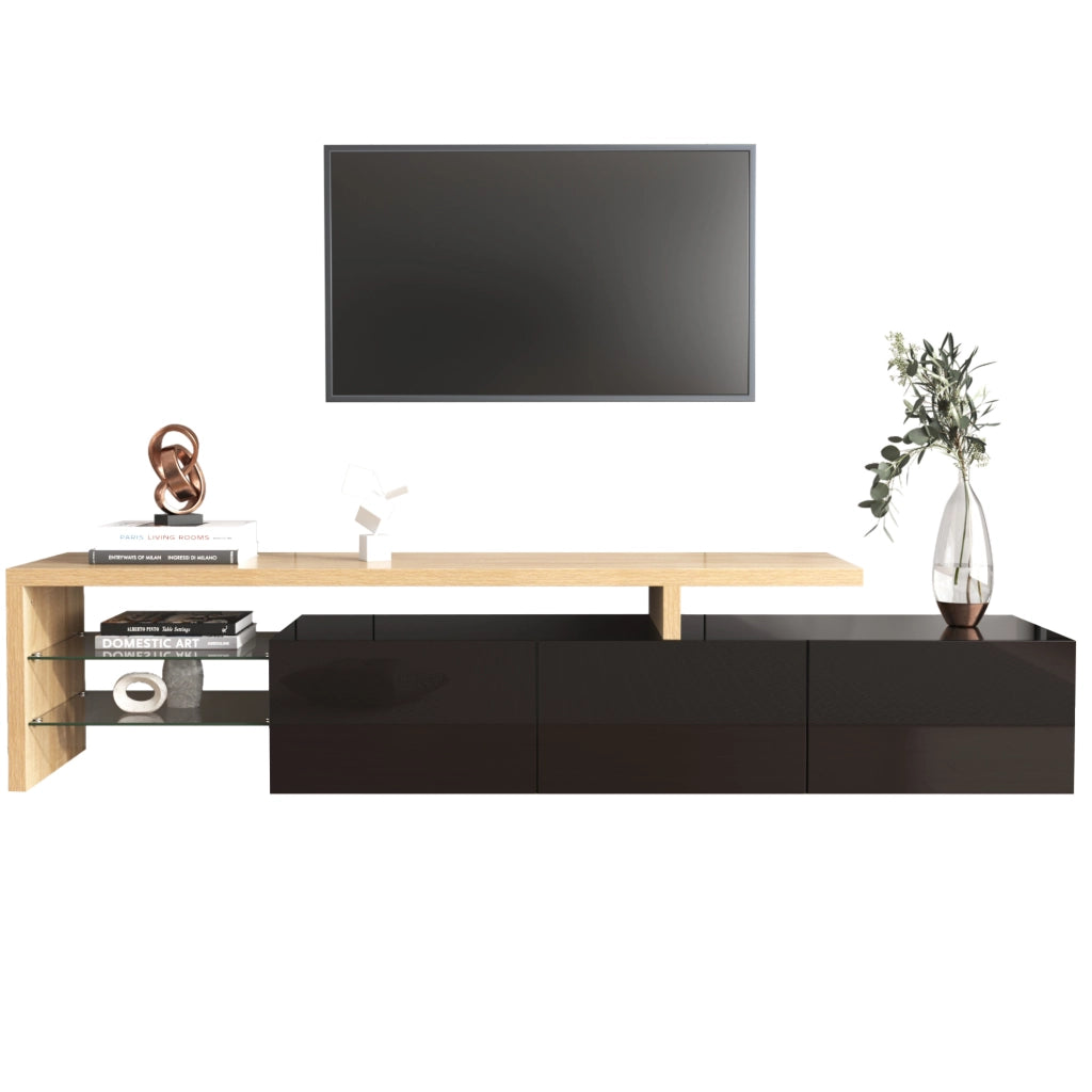 Mobile TV 197;5 cm in MDF e vetro; 3 scomparti; LED a 7 colori con app; nero e legno