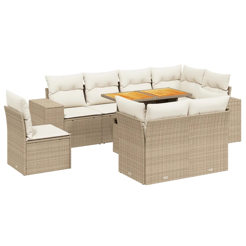 Set Divano da Giardino 9 pz con Cuscini Beige in Polyrattan