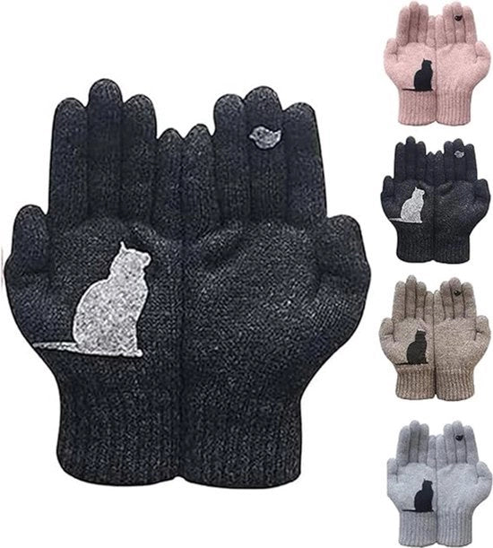 Maniche nere, guanti invernali, guanti caldi a maglia, stampa carina gatti e uccelli, guanti a dita per esterni, unisex, unico modello adatto a tutti