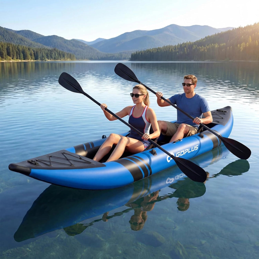 Kayak Gonfiabile 2 Posti, Kayak da Pesca Gonfiabile e Portatile 381 cm con 2 Sedili Imbottiti e Poggiapiedi Regolabili, Remi in Alluminio, Pompa a Mano, Ideale per Lago e Mare