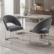 Sedia da Pranzo Set da 2 con Schienale Curvo e Gambe in Metallo Galvanizzato in Velluto Grigio Argento
