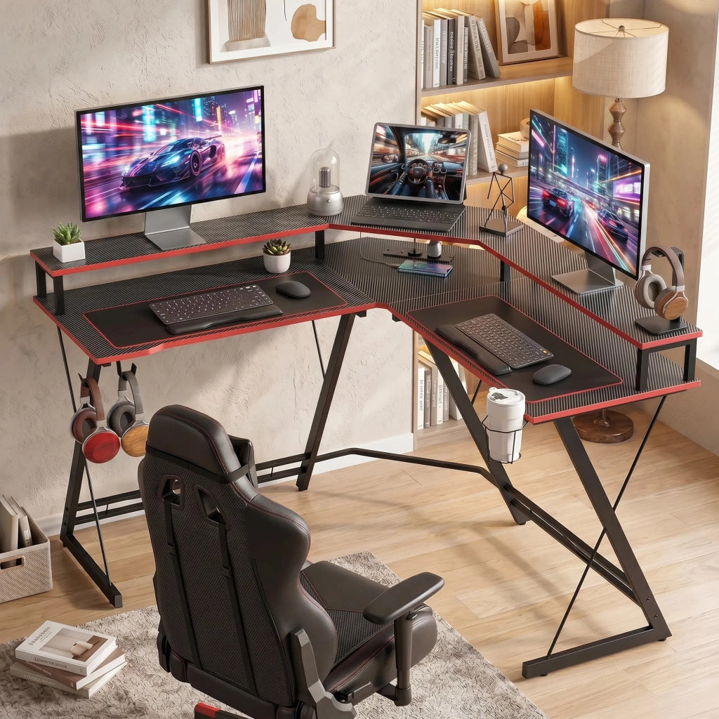 Scrivania da Gaming Angolare 128x128x88 cm con Supporto Monitor Gancio Cuffie e Portabicchieri Nero