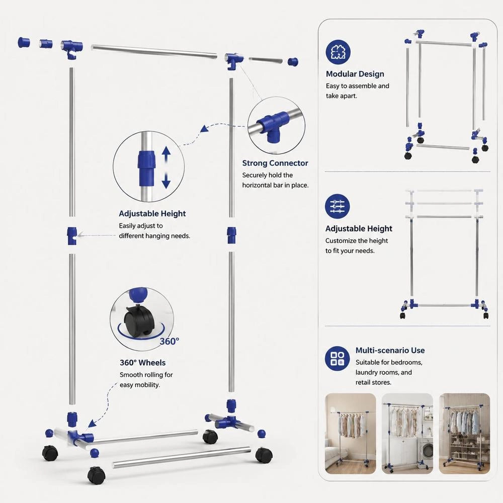 Adjustable Clothes Rack, Stainless Steel, 165x44x150 Cm, Silver