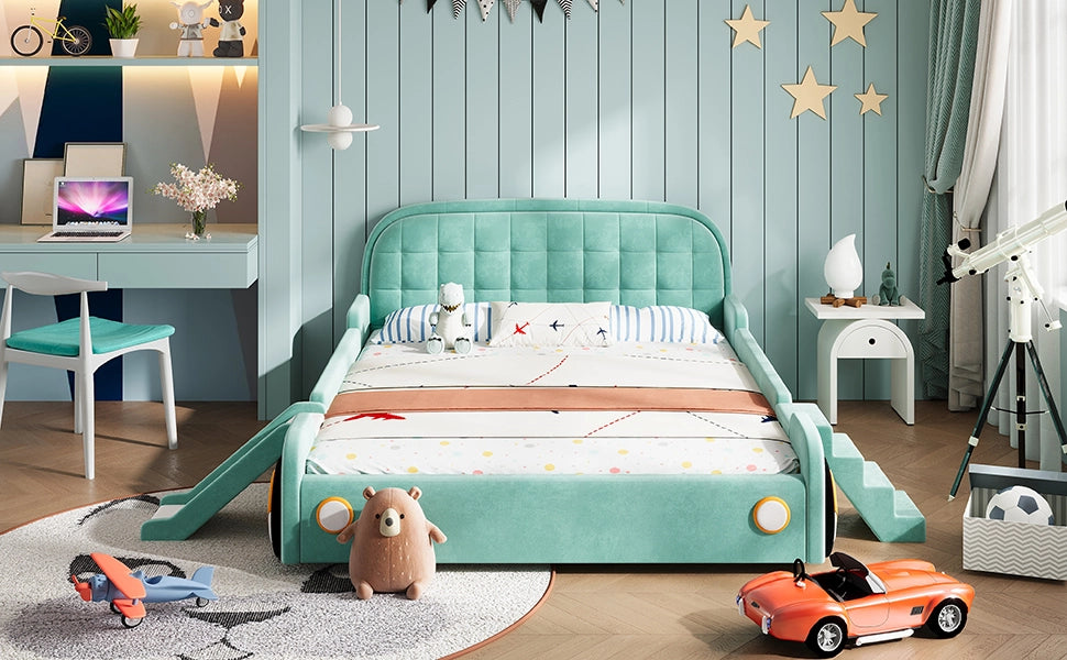 Letto per bambini 140 × 200 cm con scivolo e scala, montaggio sinistra/destra, senza materasso, in velluto bluverde