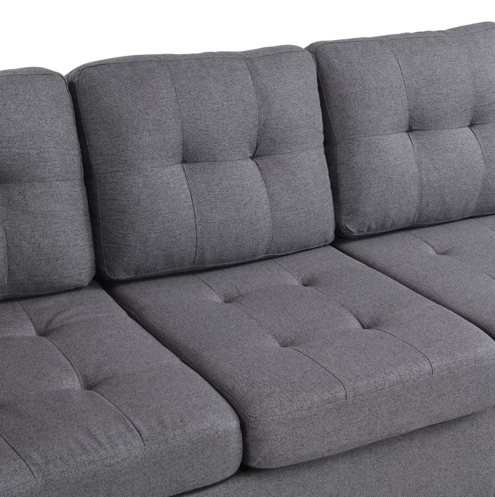 Divano angolare 4 posti con pouf contenitore, LED, USB e Type-C, grigio antico