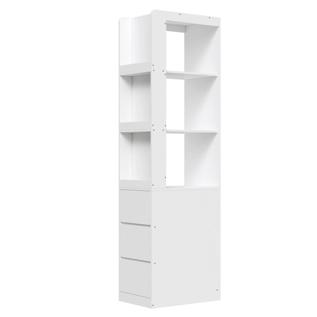 Libreria stretta alta 200 cm con 3 ripiani aperti e 3 cassetti, bianca, struttura in truciolare