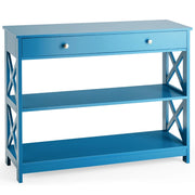 Tavolo da ingresso per salone e corridoio con 1 cassetto e 2 mensole, Tavolino da parete con 3 livelli Blu-Consolle