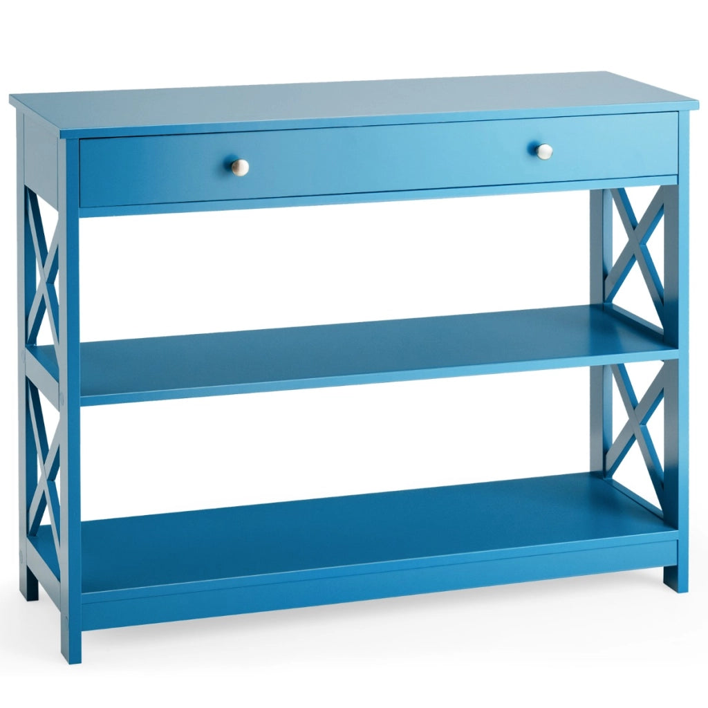 Tavolo da ingresso per salone e corridoio con 1 cassetto e 2 mensole, Tavolino da parete con 3 livelli Blu-Consolle