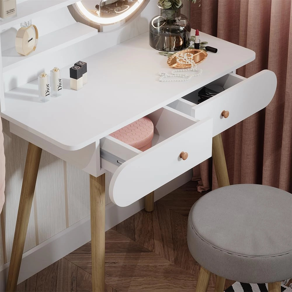 Vicco Tavolo da toeletta Edda, Bianco, 80 cm con illuminazione LED e sgabello, con specchio LED rotondo e sgabello coordinato