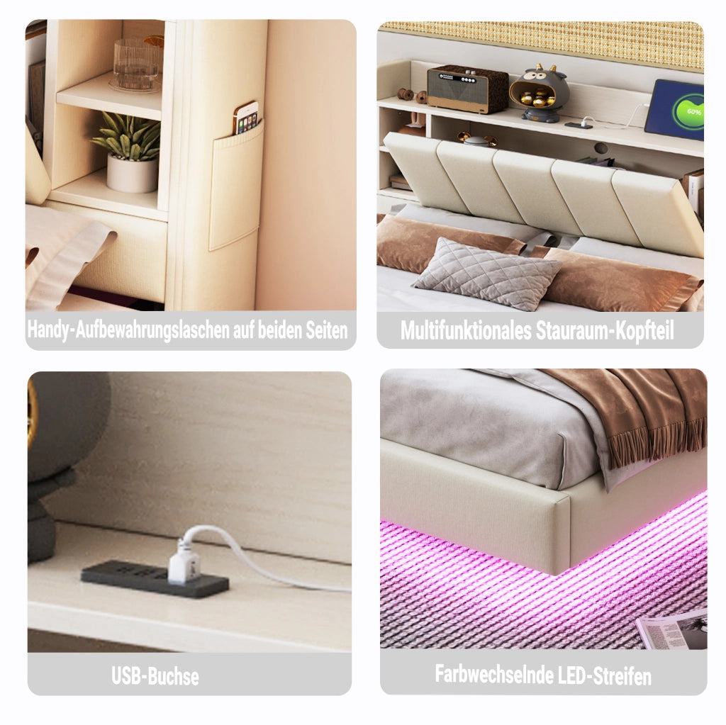 Letto matrimoniale imbottito 160x200 cm beige con LED e USB