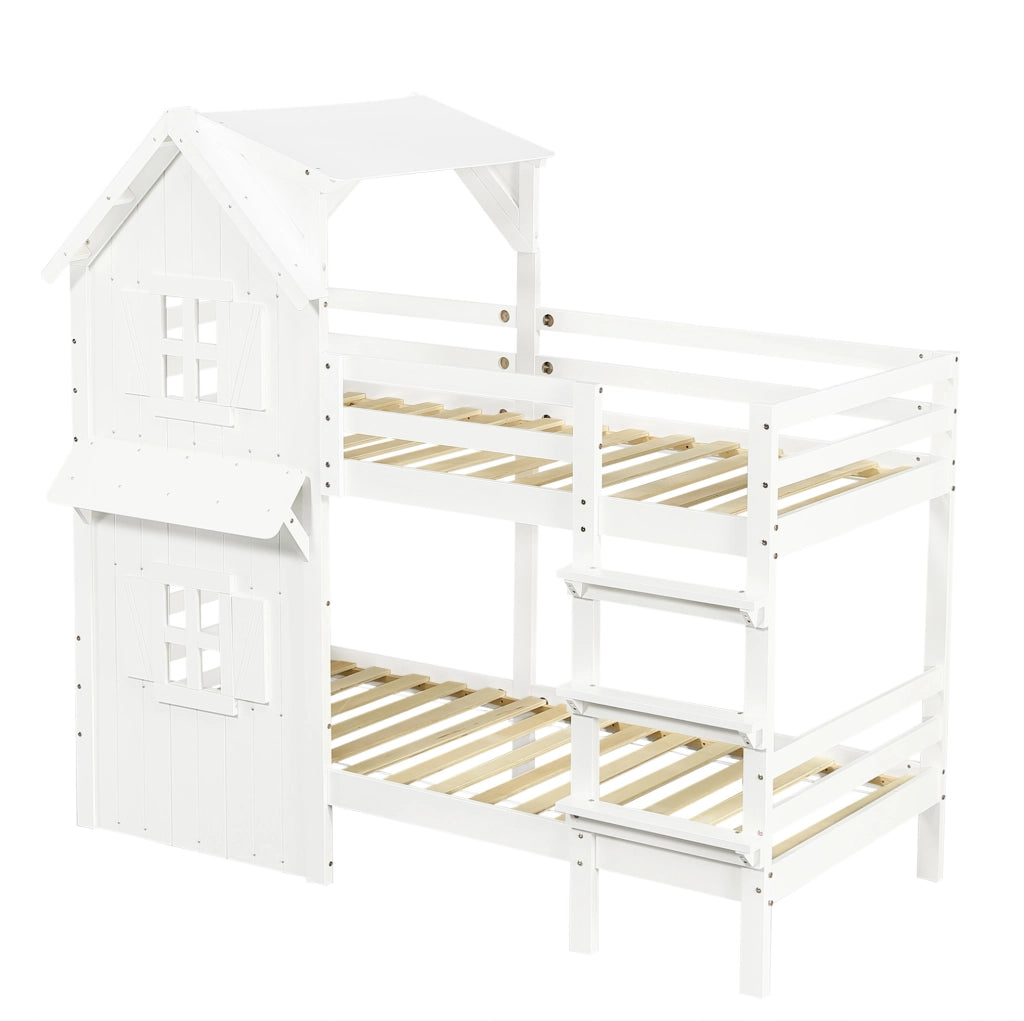 Letto a castello 90x200 cm con finestre e tetto; scala; in legno e MDF bianco