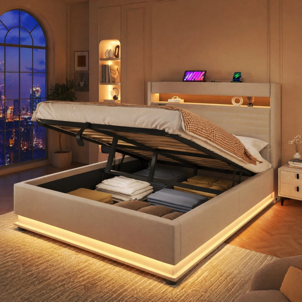 Letto imbottito 140x200 cm con LED, USB/Type-C e contenitore