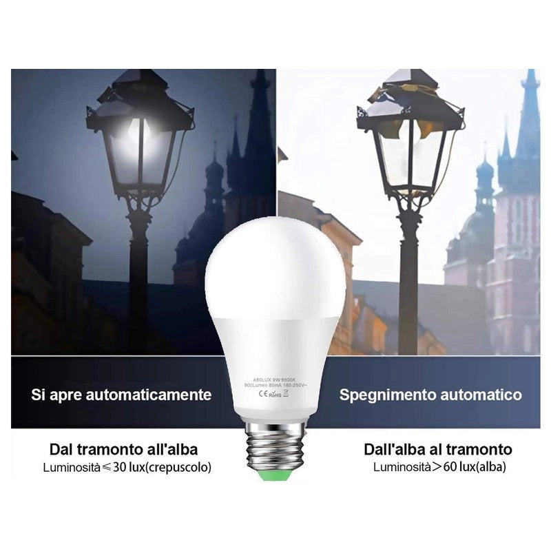 Lampada A Led E27 Con Sensore Crepuscolare 9W 900 Lumen A60 3000K Day Night Sensor