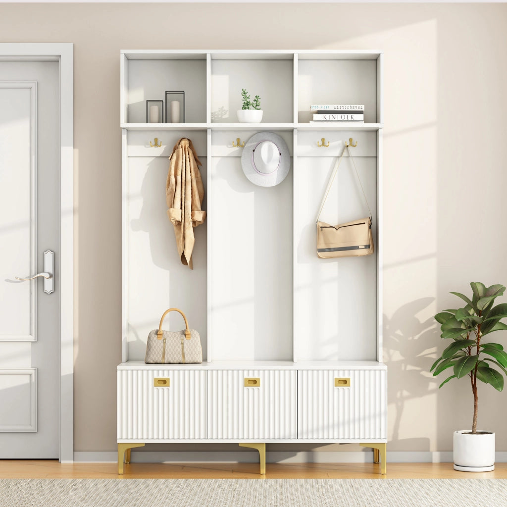 Mobile da ingresso con panca, 6 ganci e vani aperti, ante scanalate, per ingresso, bianco, 120 × 40 × 191 cm