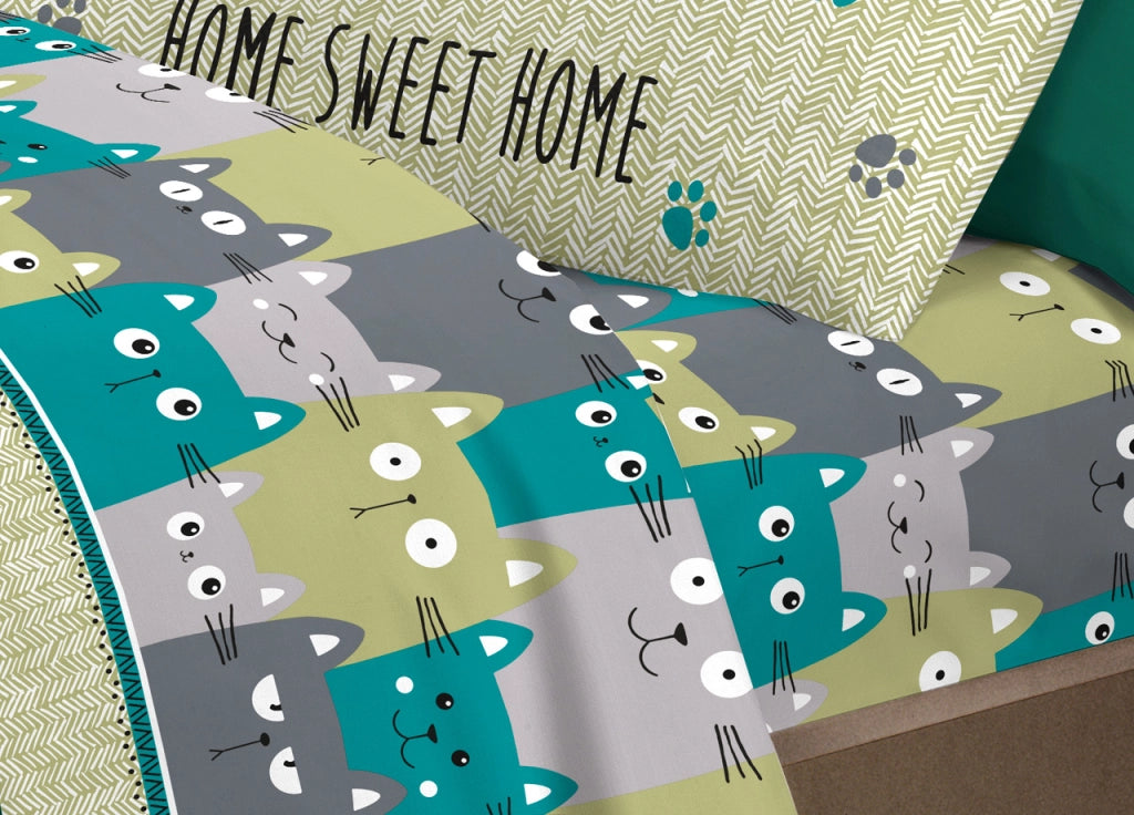 Completo Lenzuola Letto Pensieri Delicati 100% Cotone Disegno Happy Cat - Singolo - Verde