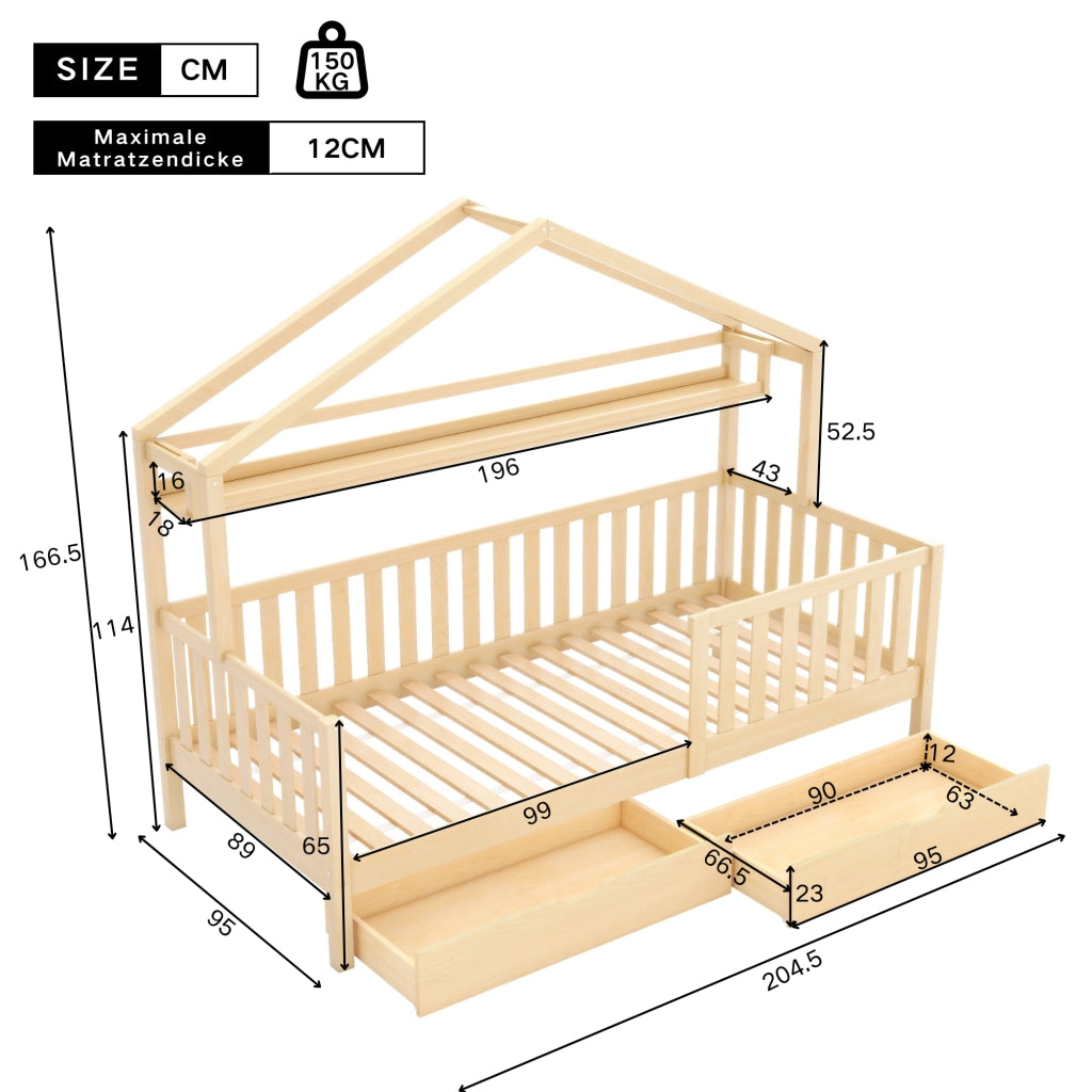 Letto a casetta per bambini 90x200 cm con cassetti, colore naturale, in legno di pino
